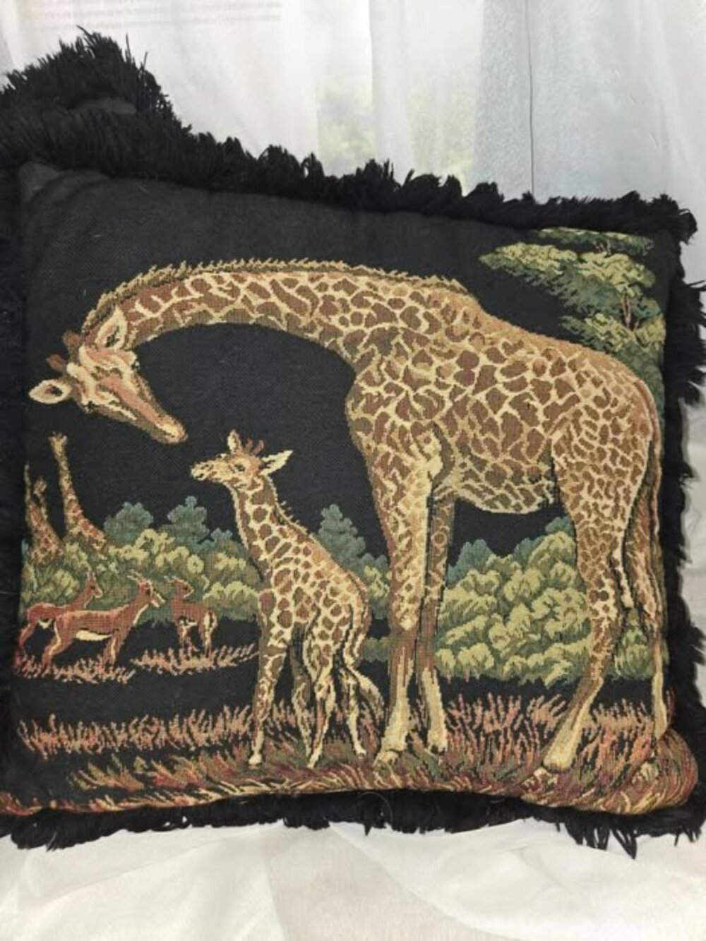 VTG Tapestry Pillow Giraffes Safari Scene 16” Black Fringe Double Sided